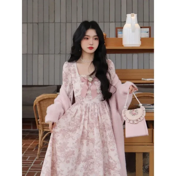 Sweet French Bow Dress Women's Spring Autumn Waist-Fitted Gown - Image 4