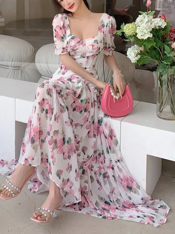 Women Elegant Floral Vintage Maxi Dress Square Neck A-Line Summer - Image 3