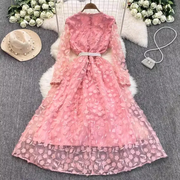 Elegant pink floral dress with 3D beading, mesh, and embroidery - Image 4