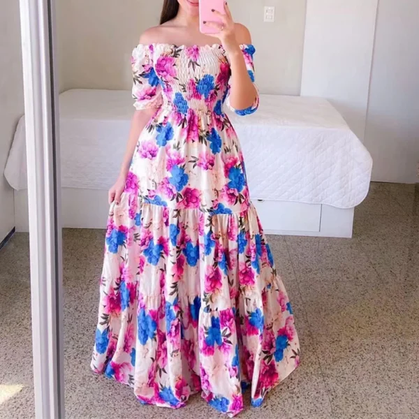 Pink Floral Dress, Sexy Off-Shoulder Tube Top Maxi for Summer Party - Image 4