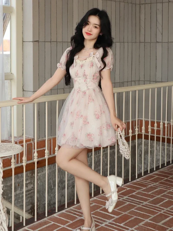 Pink Floral Dress Sweet Fairy Bodycon Elegant Party Mini Summer Fashion - Image 2