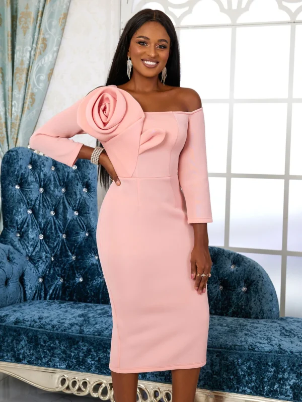 Pink Floral Dress Cold Shoulder Flower Appliques Bodycon Midi Gown