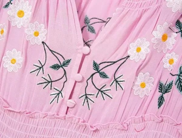 Pink Embroidery Floral Boho Dress Long Sleeve Vintage Casual Style - Image 6