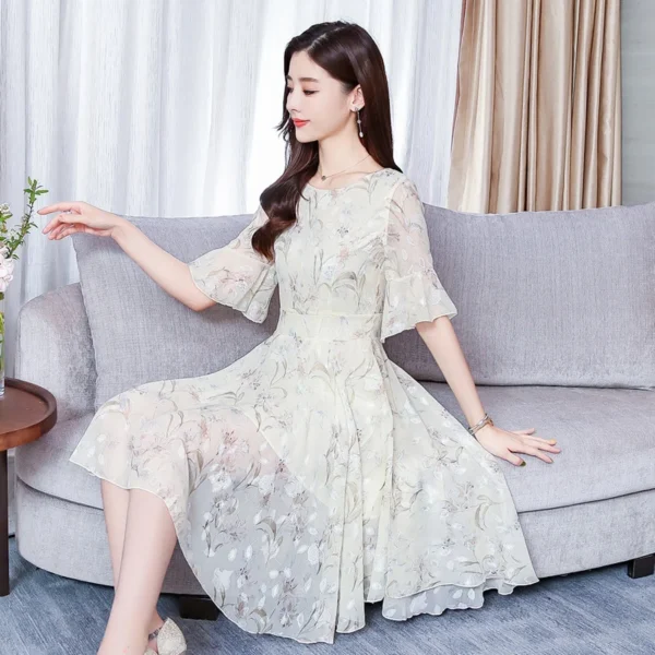 Vintage Pink Floral Chiffon Boho Midi Casual Beach Party Dress - Image 4