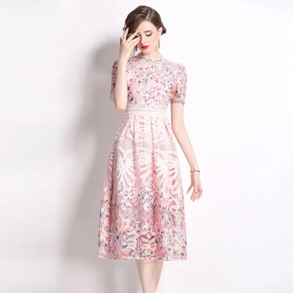 Elegant Pink Floral Lace Embroidery Midi Dress For Women Party 2025 - Image 3