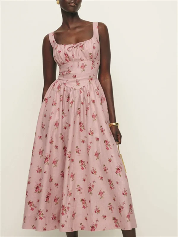 Women Pink Floral Print Sleeveless Slim Summer Linen Vacation Dress - Image 2