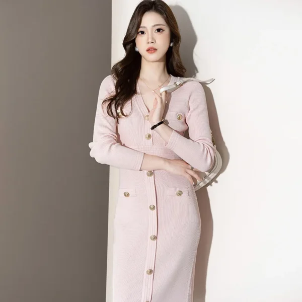 Spring Autumn Pink Knitted V-neck Button Long Sleeve Dress Women - Image 5