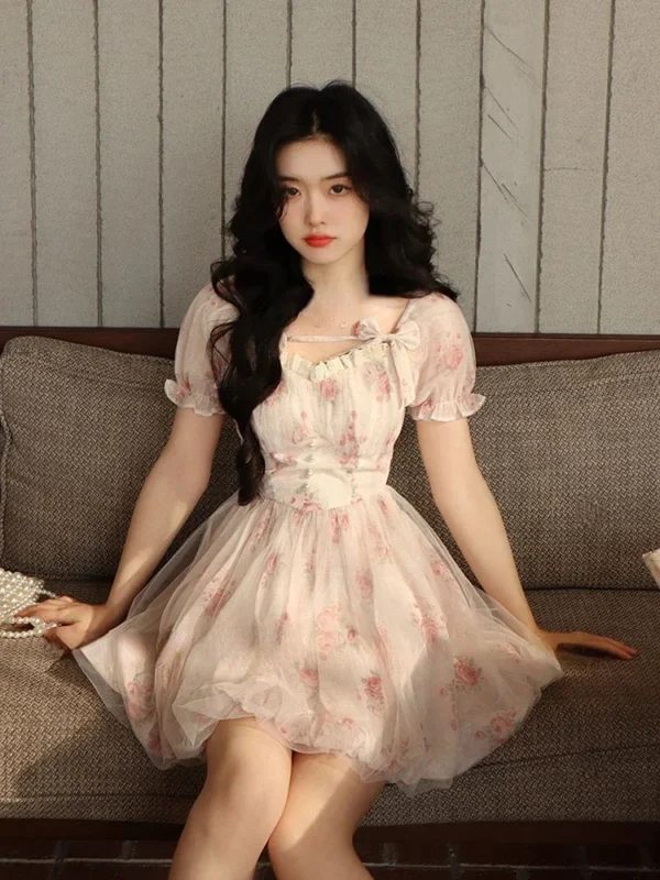 New Korean Fashion Pink Y2K Floral Mini Dress Summer Casual
