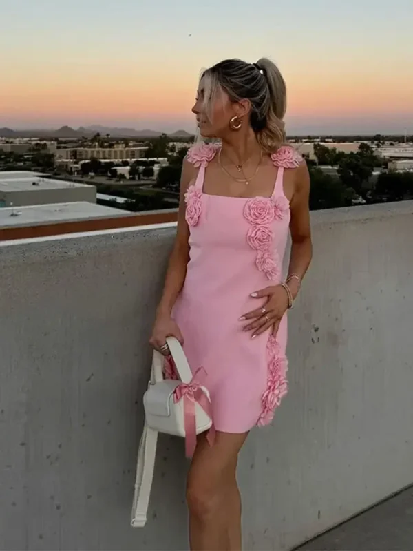 Sexy Pink 3D Flower Slim Mini Dress Summer Vacation Beach Dress - Image 3