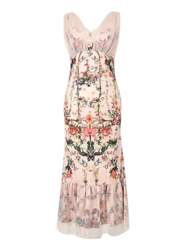 Sexy Pink Floral Mesh Fishtail Evening Party Dress for Women - Image 3
