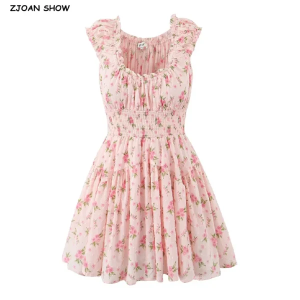 Sexy Pink Flower Print Elastic Strap Shoulder A-Line Dress For Women