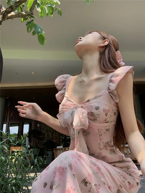 Pink Floral V-Neck A-Line Dress For Women’s Slim Elegant Summer Wear - Image 5
