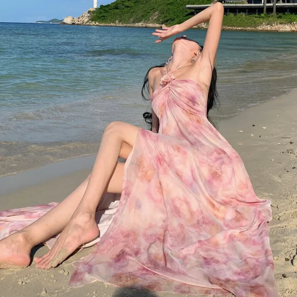Pink Floral Halter Off Shoulder High Split Fairy Long Party Dress - Image 5