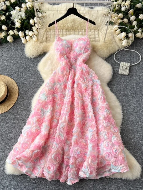 French Chic Mesh Flower Strapless Pink Formal Party Dress 2025