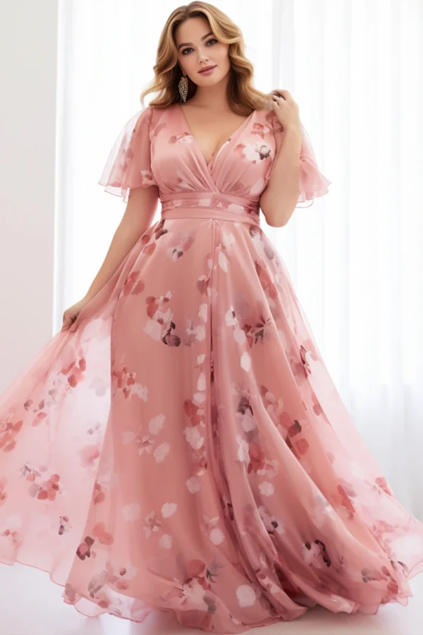 Pink Floral Dress Plus Size Flutter Sleeve Wrap Empire Waist Chiffon Maxi