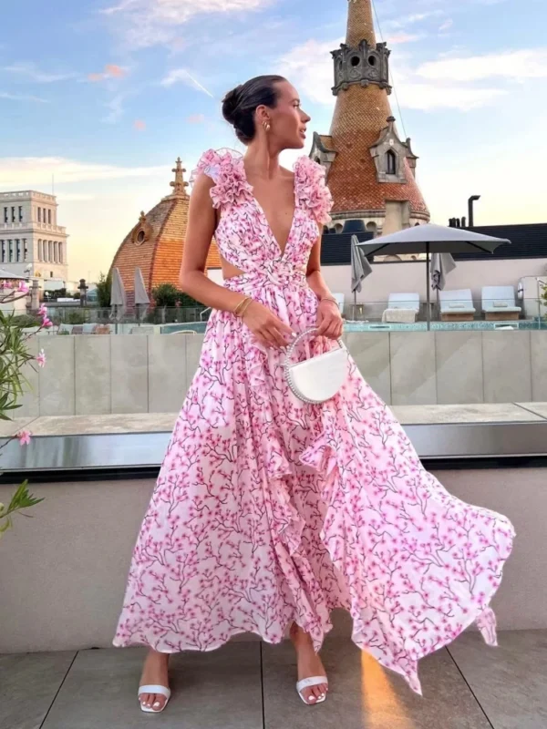 Pink floral dress, sexy V-neck, backless, ruffle, sleeveless, split
