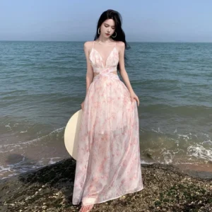Pink Floral Ruched Tank Dress For Women’s Elegant Summer Vacation Wear