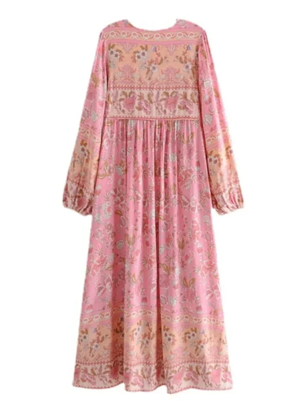 Happie Queens Ethnic Pink Floral Boho Maxi Dress With Tassels - Image 3
