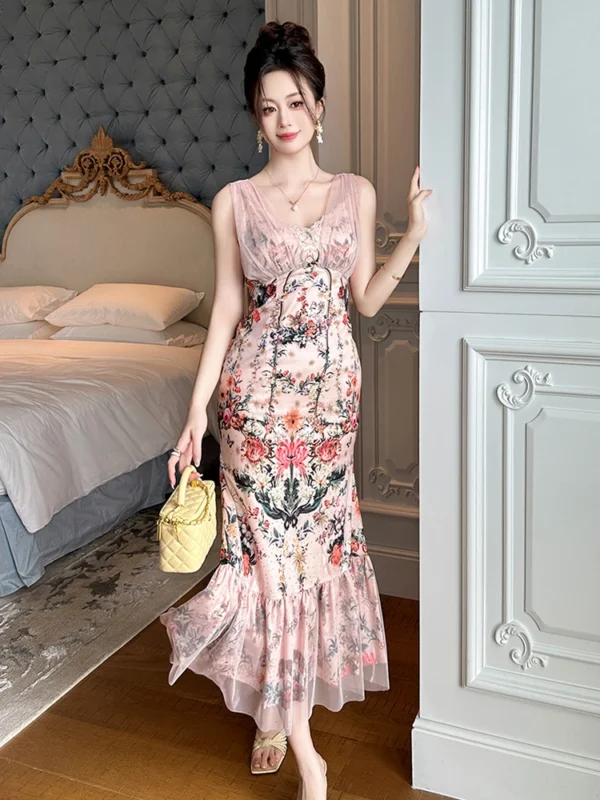 Sexy Pink Floral Mesh Fishtail Evening Party Dress for Women