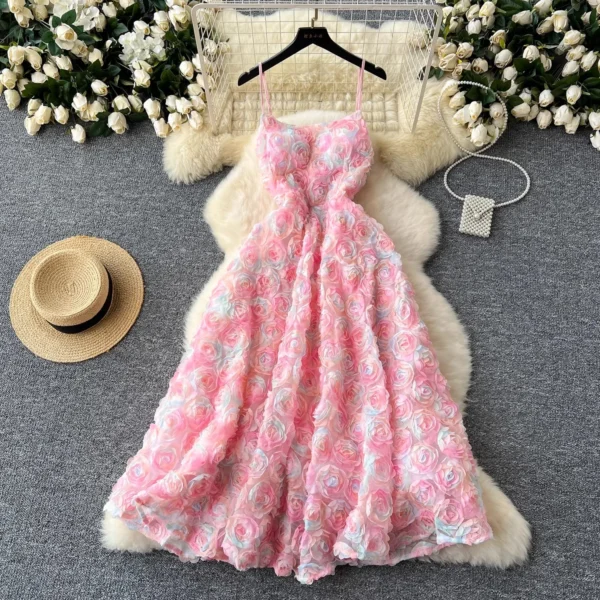 Colorful 3D Embroidered Mesh Flower V-Neck Spaghetti Strap Gown