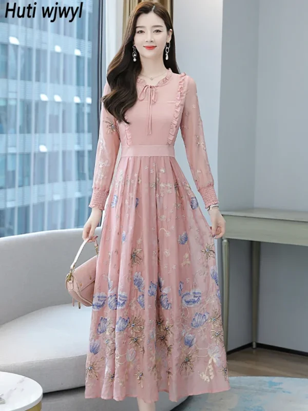 Pink Floral Dress: Autumn Winter Embroidery Ruffled Collar Casual Long Gown