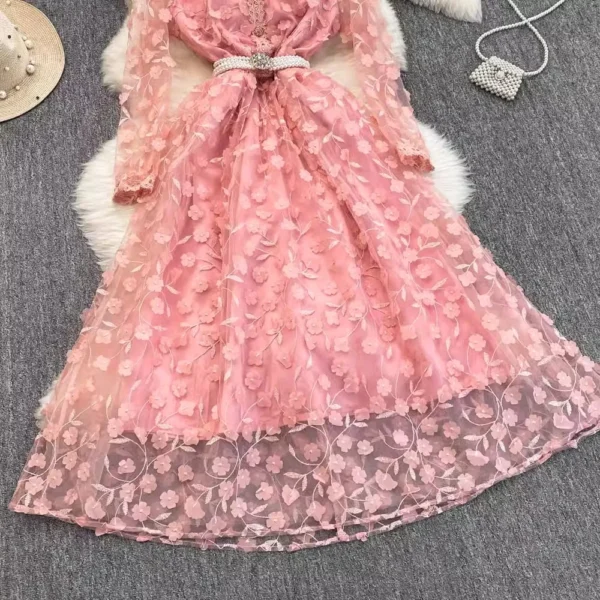 Elegant pink floral dress with 3D beading, mesh, and embroidery - Image 3