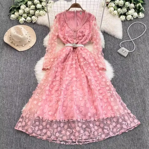 Elegant pink floral dress with 3D beading, mesh, and embroidery
