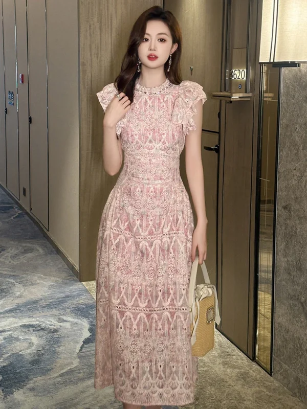 Elegant Pink Hollow Floral Ruffle Pleated Ceremonial Dress For Party Date - Image 5