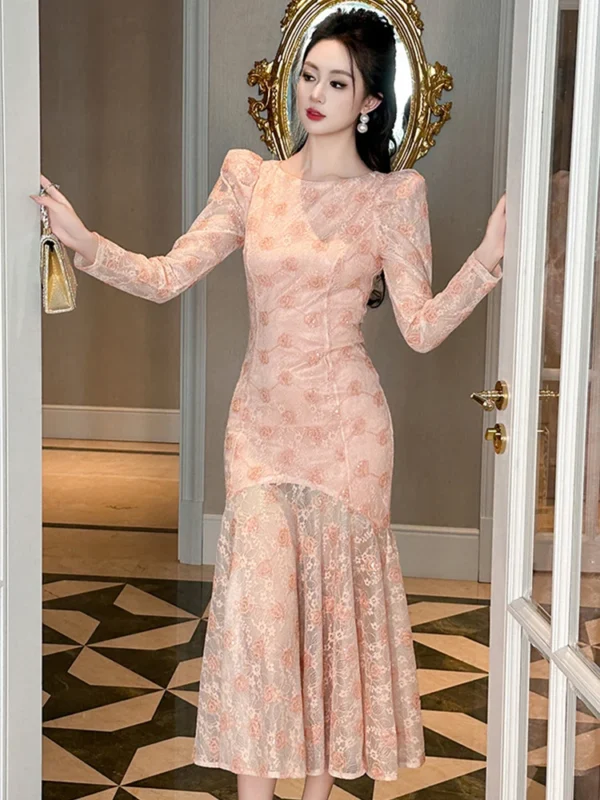 Sweet Pink Lace Puff Sleeve Mermaid Dress For Elegant Party Events - Image 5