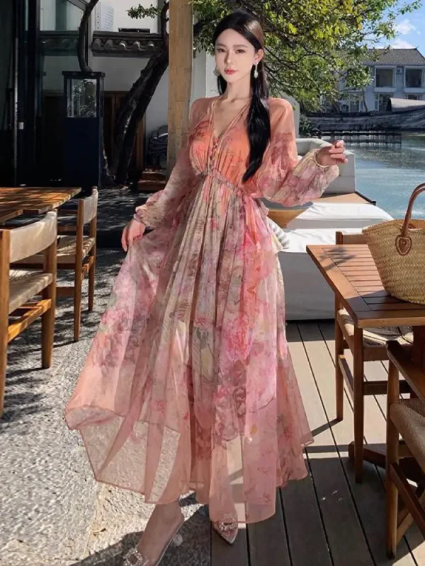 Bohemian Pink Floral V-Neck Dress For Spring Autumn Romantic Elegance