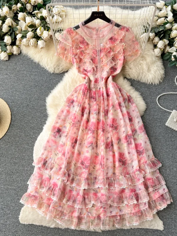 Summer Pink Mesh Printed Ruffle High Waist A-line Floral Dress