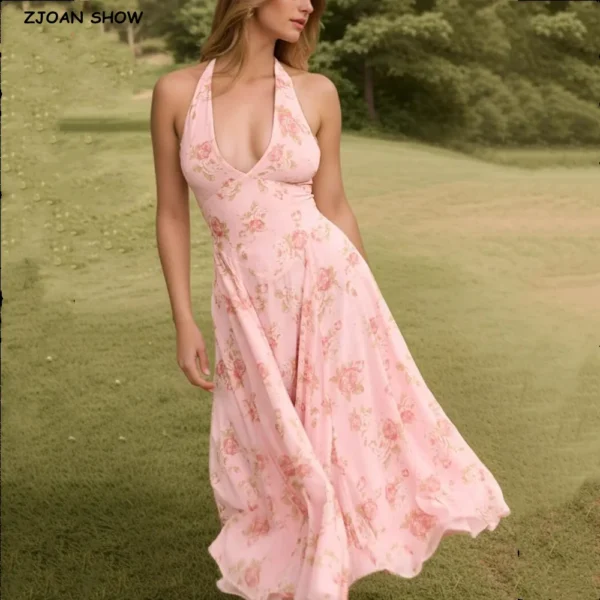 Pink Floral Halter V-Neck Backless Pleated Swing Midi Beach Dress