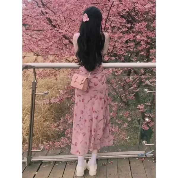 Elegant Pink Tank Dress Women Summer Waist-Fitted Long Skirt Floral - Image 4
