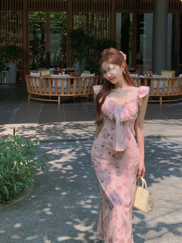 Pink Floral V-Neck A-Line Dress For Women’s Slim Elegant Summer Wear - Image 3