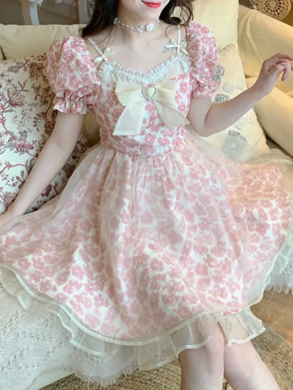 Lace Lolita Print Pink Bow Floral Y2K Sweet Party Mini Dress Women