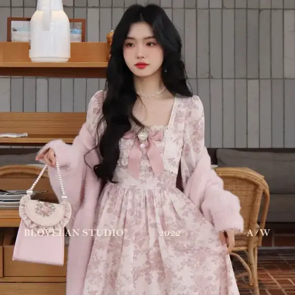 French Style Pink Floral Long Sleeve Slimming Princess Fairy Dress - Image 3