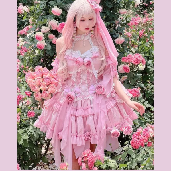 Autumn Spring Sweet Lolita Sleeveless Rose Lace Fairy Dress Gown - Image 5