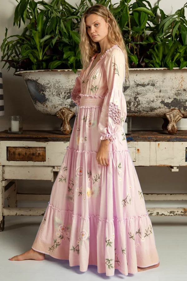 Pink Embroidery Floral Boho Dress Long Sleeve Vintage Casual Style