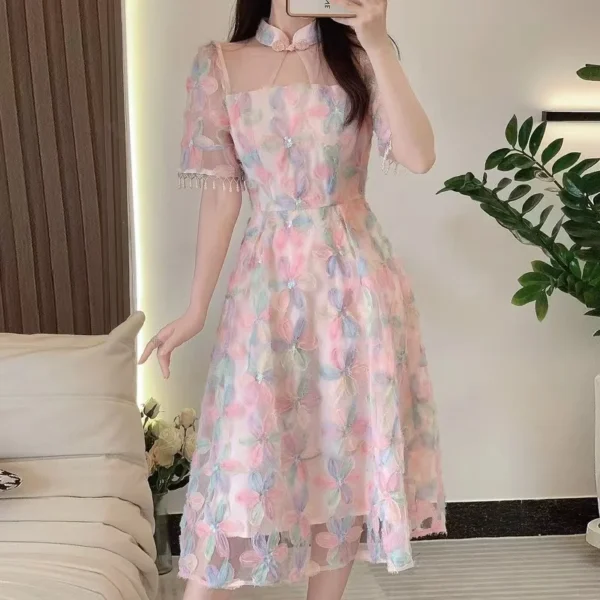 Pink Floral Dress: Elegant Long Party Gown with Embroidery