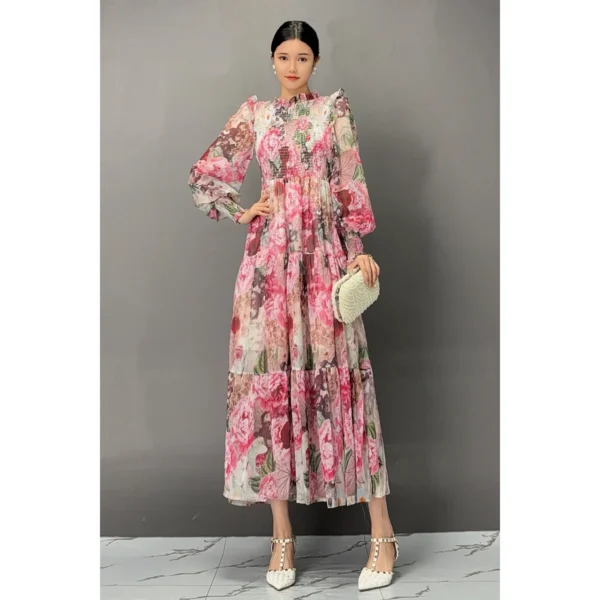 Pink Floral Printed Long Sleeve Lace Collar Casual Swing Dress - Image 2