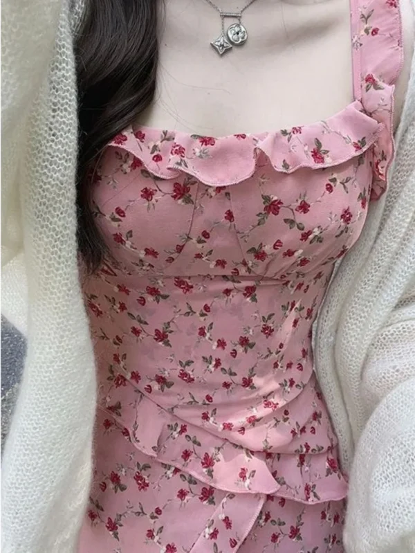 Beach Resort Pink Floral Sling Dress For Women Summer Exquisite Style - Image 2