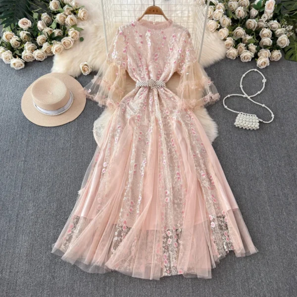 Luxury Autumn Pink Flower Embroidery Prom Party Dress Women