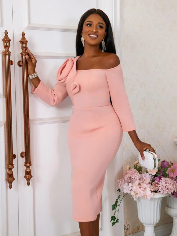 Pink Floral Dress Cold Shoulder Flower Appliques Bodycon Midi Gown - Image 5