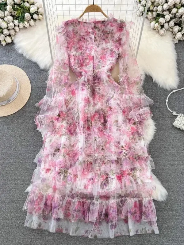 Fashion Gorgeous Pink Floral Print Ruffle Dress With Butterfly Sleeves - Image 2