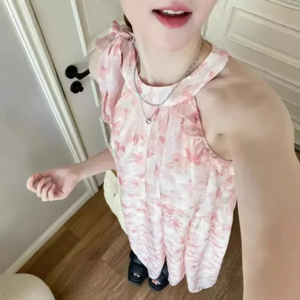 Pink Floral Dress with Halter Neck, Sleeveless, and Love Belt Detail - Image 4