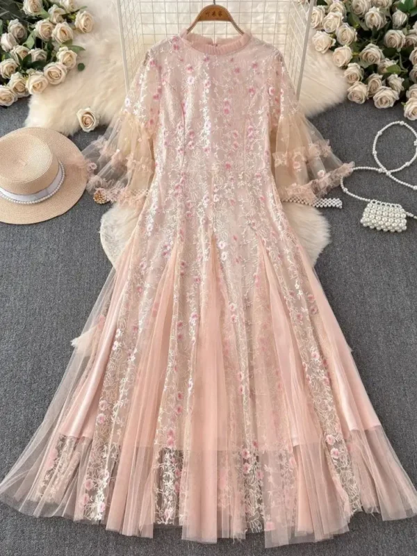 Evening Flower Embroidery Pink Lace Mesh Birthday Party Dress Women
