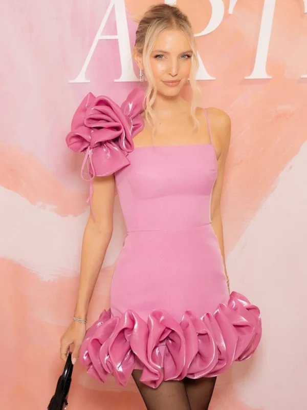 VC Pink Floral Trim One Shoulder Ruffled Bodycon Cocktail Dress - Image 3
