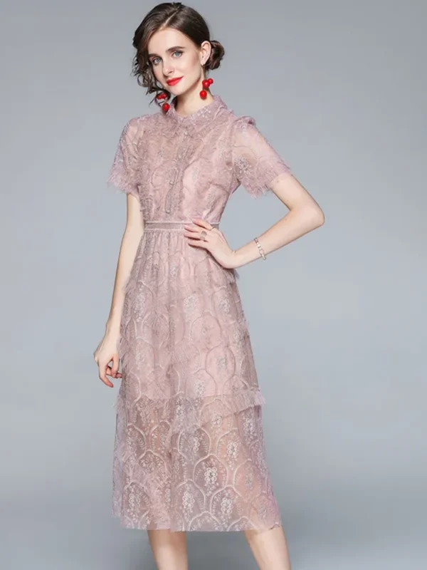 Elegant Pink Mesh Embroidery Ruffle Midi Party Dress For Women - Image 3