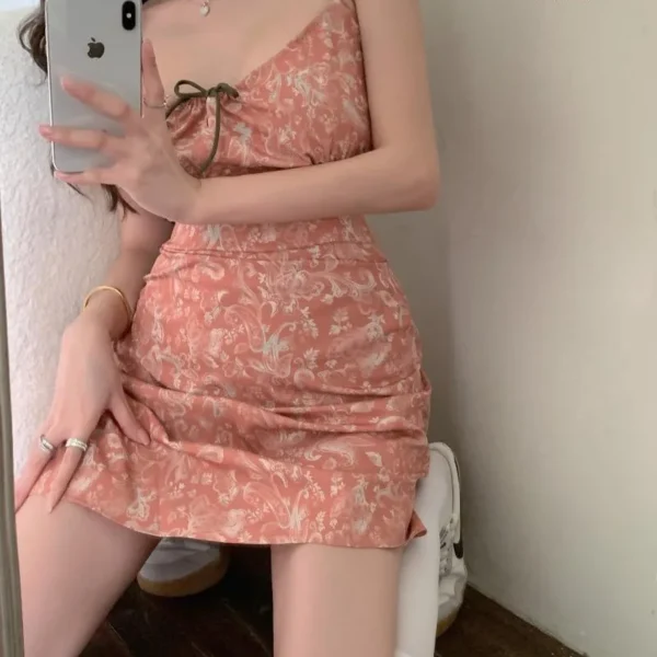 Women’s Pink Floral Spaghetti Strap Mini Dress Y2K Aesthetic Summer - Image 4