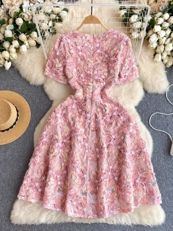 Pink Floral Dress Elegant Sequined Mesh Short Sleeve Party Prom Gown - Image 2